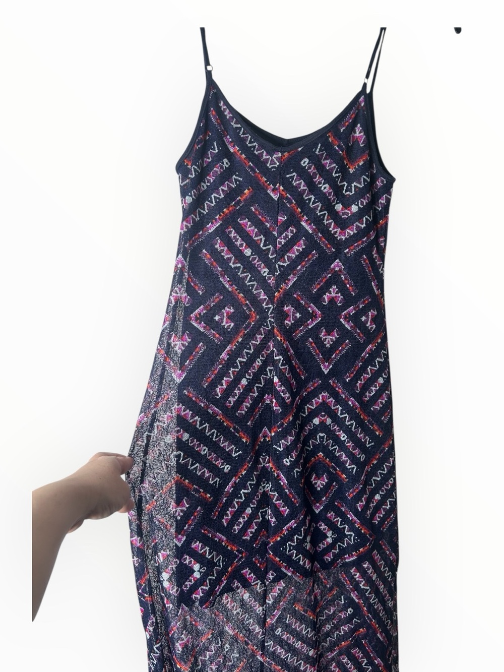 Fire Los Angeles Navy Geometric Bodycon Maxi Dress Size Small Sheer Overlay